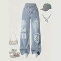 girls' spring/autumn denim pants: new styles for mid-to-large children, loose-fit casual straight-leg trousers, stylish and versatile wide-leg pants for kids