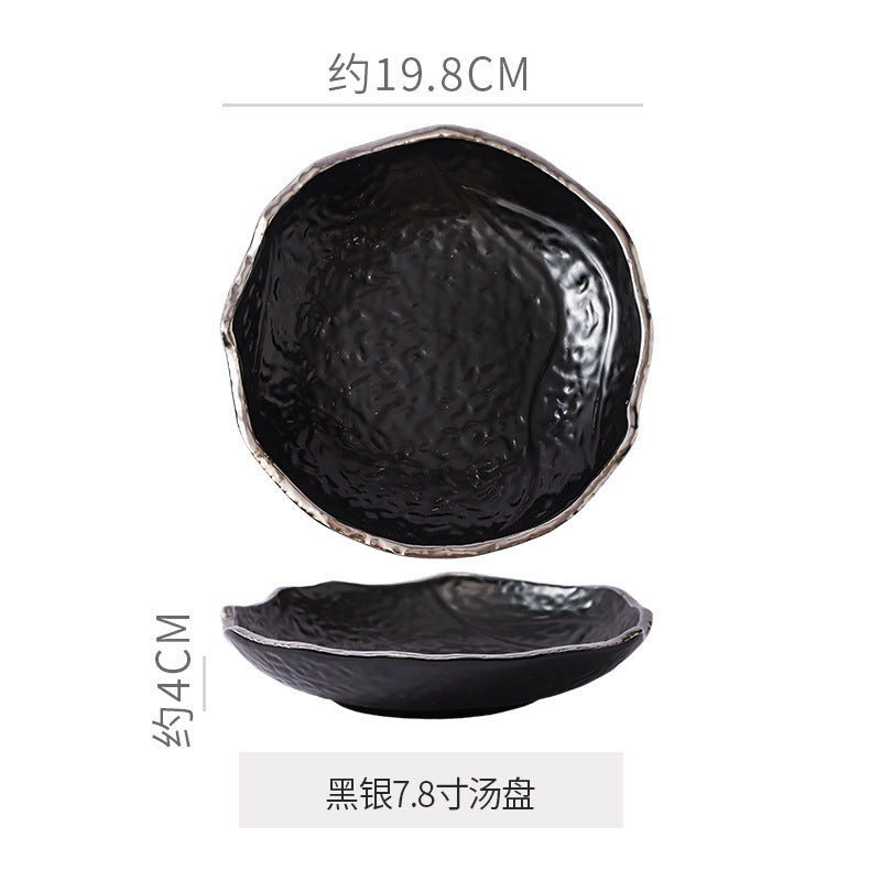 Luxury retro-style irregular ceramic dinnerware set with embossed gold trim – perfect for home, restaurant, and hotel table settings