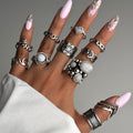hot-selling retro ethnic style ring for women, 10-piece set, geometric cut out design, combination ring jewelry wholesale