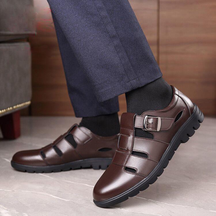 Clearance sale: authentic leather shoes for men - summer collection. business casual leather sandals with cutout design. perfect for middle-aged and elderly men, ideal for dad