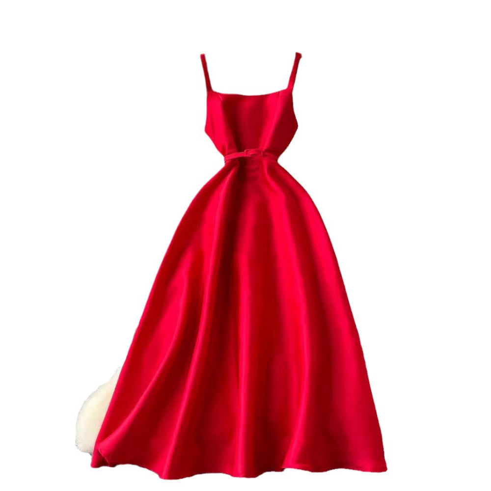 Evening party dress women's royal sister classy suspender long skirt french waist elegant puffy swing dress summer