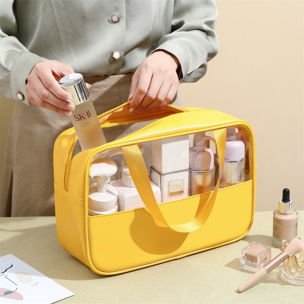 Splicing transparent cosmetic bag PVC bath toilet bag PU waterproof handbag large capacity travel portable storage bag