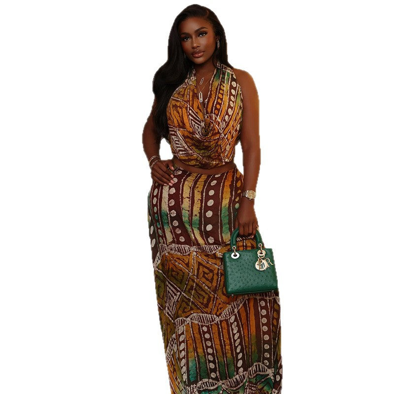 European and american style cross-border casual commute women's printed swing neck color block skirt set sleeveless summer cool new two-piece outfit