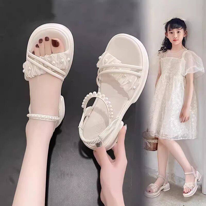 Girls' sandals: new  summer princess style, slip-on, trendy, for school girls, mid-to-large children, kids' beach sandals