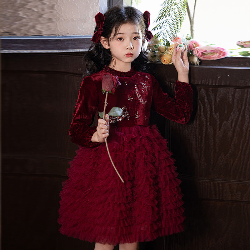 Ready-to-ship new girls' dress cake princess dress red new year outfit velvet birthday party dress winter style