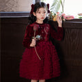 Ready-to-ship new girls' dress cake princess dress red new year outfit velvet birthday party dress winter style