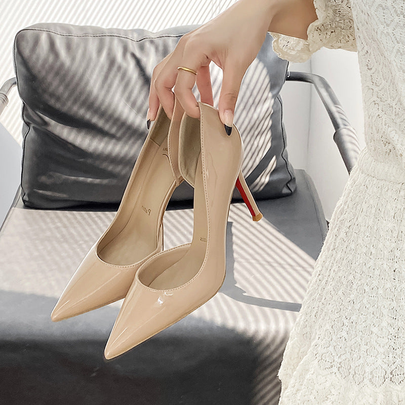 2026 new red sole pointed-toe side cutout sexy nude high heels - stunning stiletto elegant black patent leather pumps