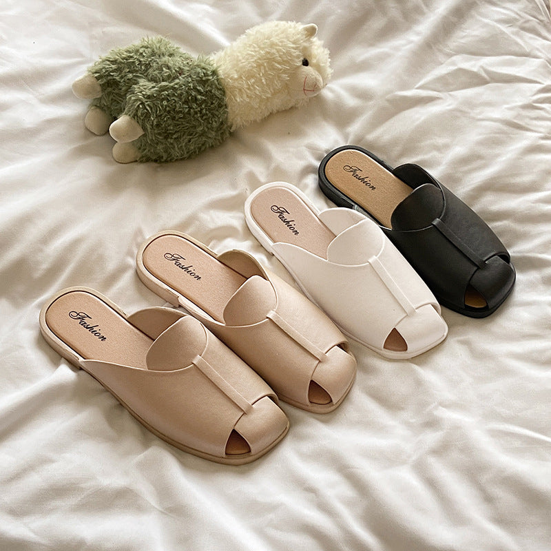 New open-toe solid color mules - summer women's fashionable half-wrap sandals - flat slippers for outdoor wear