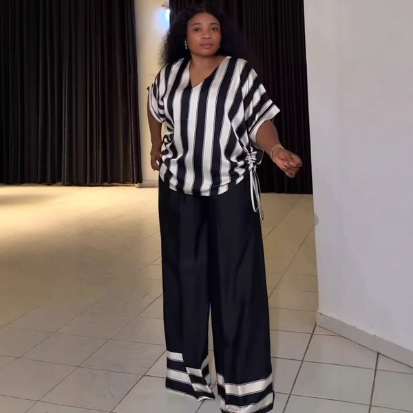European and American women's clothing, foreign style fashion temperament, drawstring thin striped shirt, African foreign style casual trousers two-piece set for women