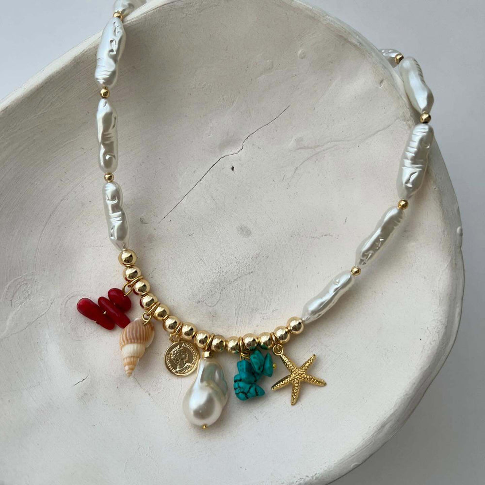 bohemian style colorful gravel starfish necklace niche styleasymmetrical imitation pearl string clavicle chain accessories