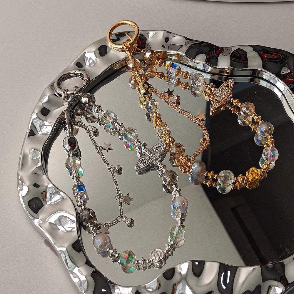 Classy mobile phone chain beaded crystal saturn sparkling new chinoiserie bag camera hanging chain short mobile phone case lanyard