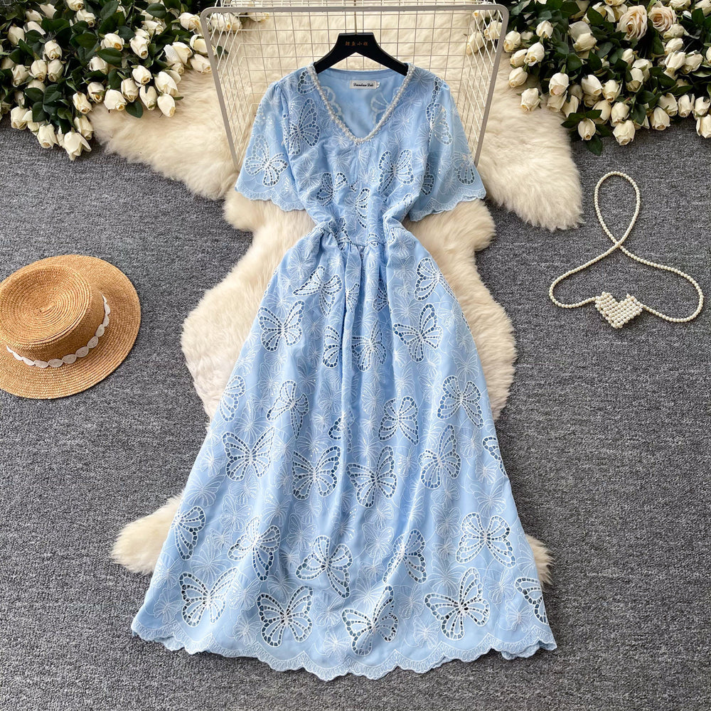 French-style heavy lace v-neck butterfly cutout dress - women's summer korean style short sleeve slimming a-line dress - pink