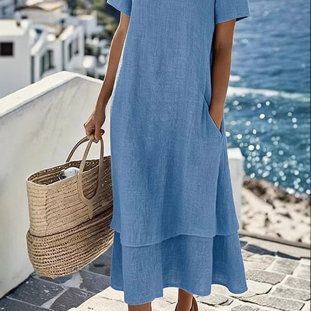 european and american cross-border  women's spring/summer vacation casual double-layer design round neck short sleeve dress