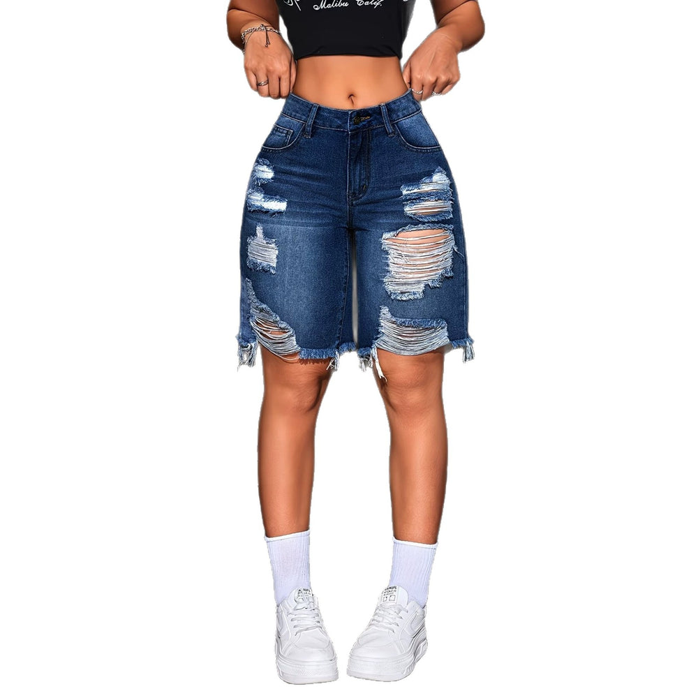 European and american jeans women's large holes raw edge half length pants high street trendy brand loosestraight-leg beggar cross-border hot sale