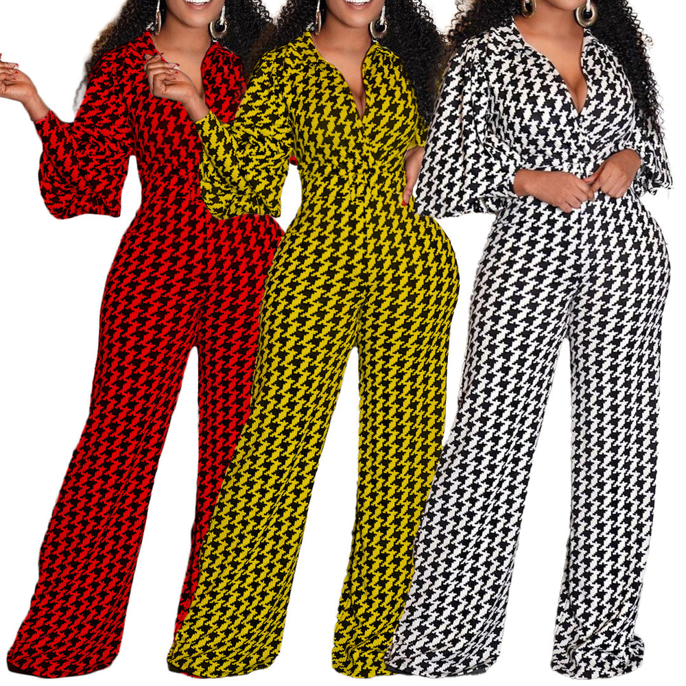 Q050 cross-border women's fashion  new v-neck puff sleeve cinched waist printed wide-leg plus size african european and american jumpsuit