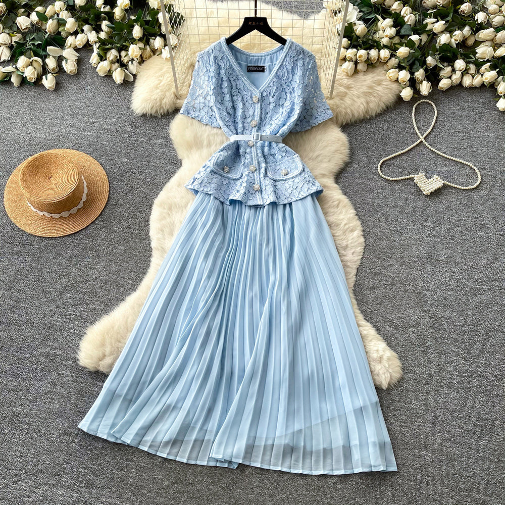 Xiaoxiangfenglaceheavy industrypatchworkpleated dress colorsummerv neck waist pleated long skirteleganceslimming look