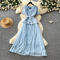 Xiaoxiangfenglaceheavy industrypatchworkpleated dress colorsummerv neck waist pleated long skirteleganceslimming look