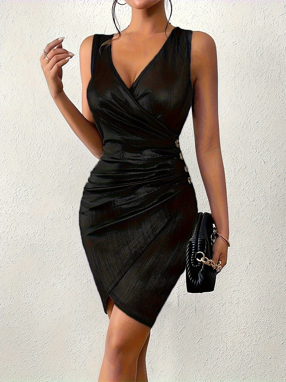 New arrival: sexy bodycon mini dress - fashionable v-neck, casual color block, solid color, metallic accents, and ruched detail
