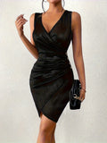 New arrival: sexy bodycon mini dress - fashionable v-neck, casual color block, solid color, metallic accents, and ruched detail