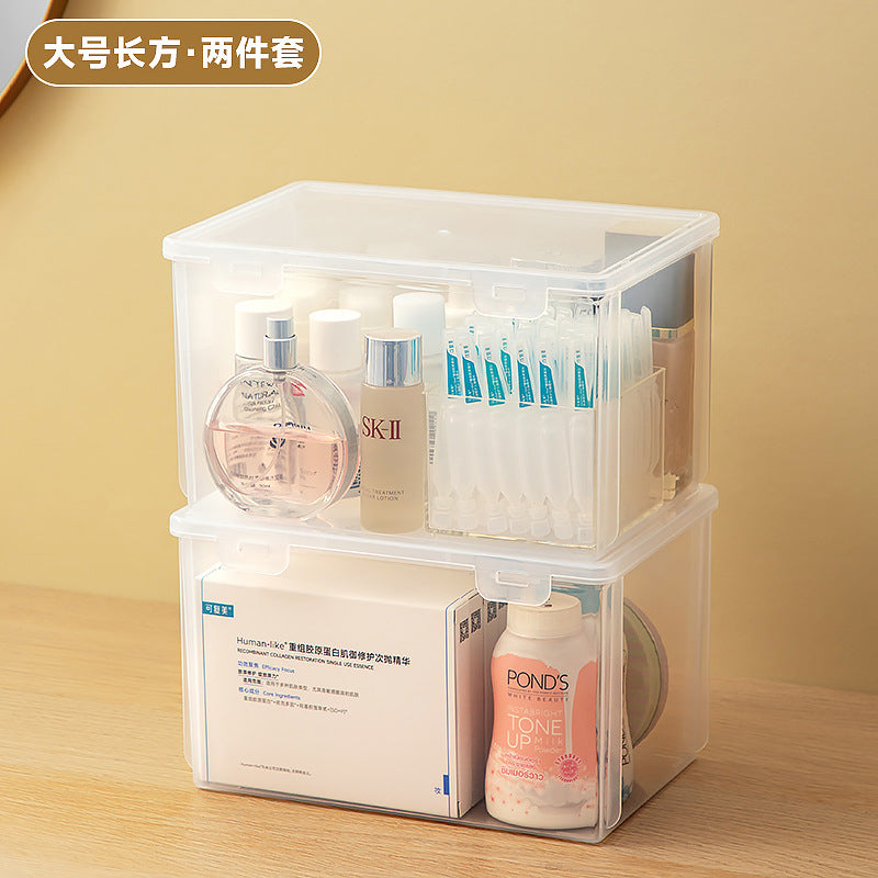 Long makeup brush, mask storage box, transparent rectangular box with lid, covered dresser, skin care product storage box.