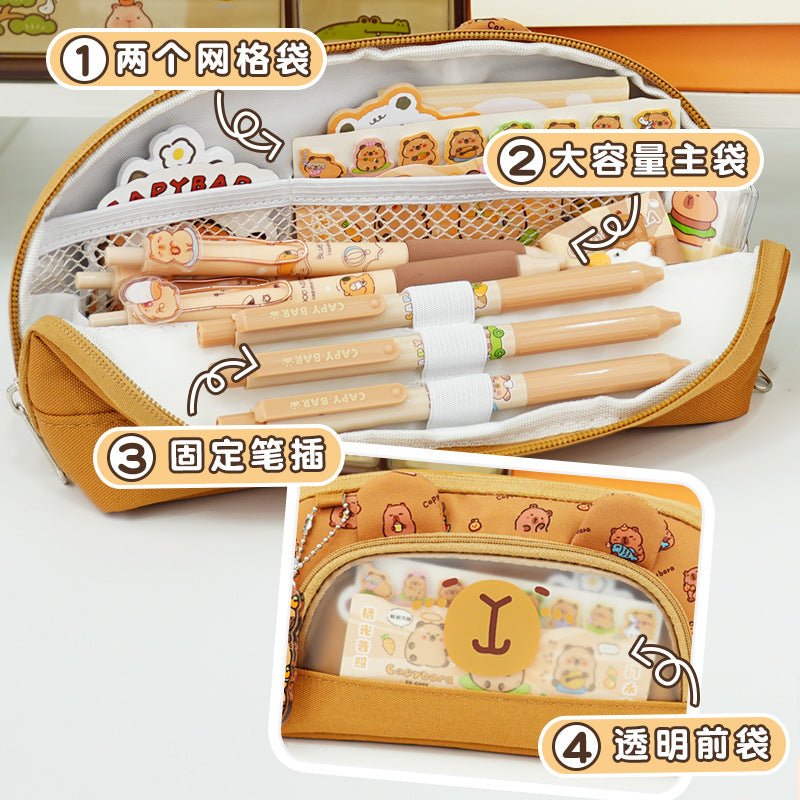 Kapibara series double zipper flip pencil case large capacity stationery case primary school pencil case high value pencil case