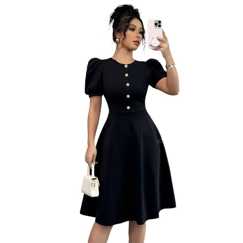 code new arrival  women's casualcasual black puff sleeve a-line skirt