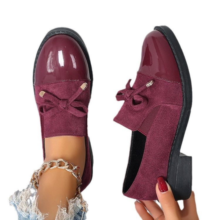 slip-on loafers women's autumn bow chunky heel plus size single shoes 43 red