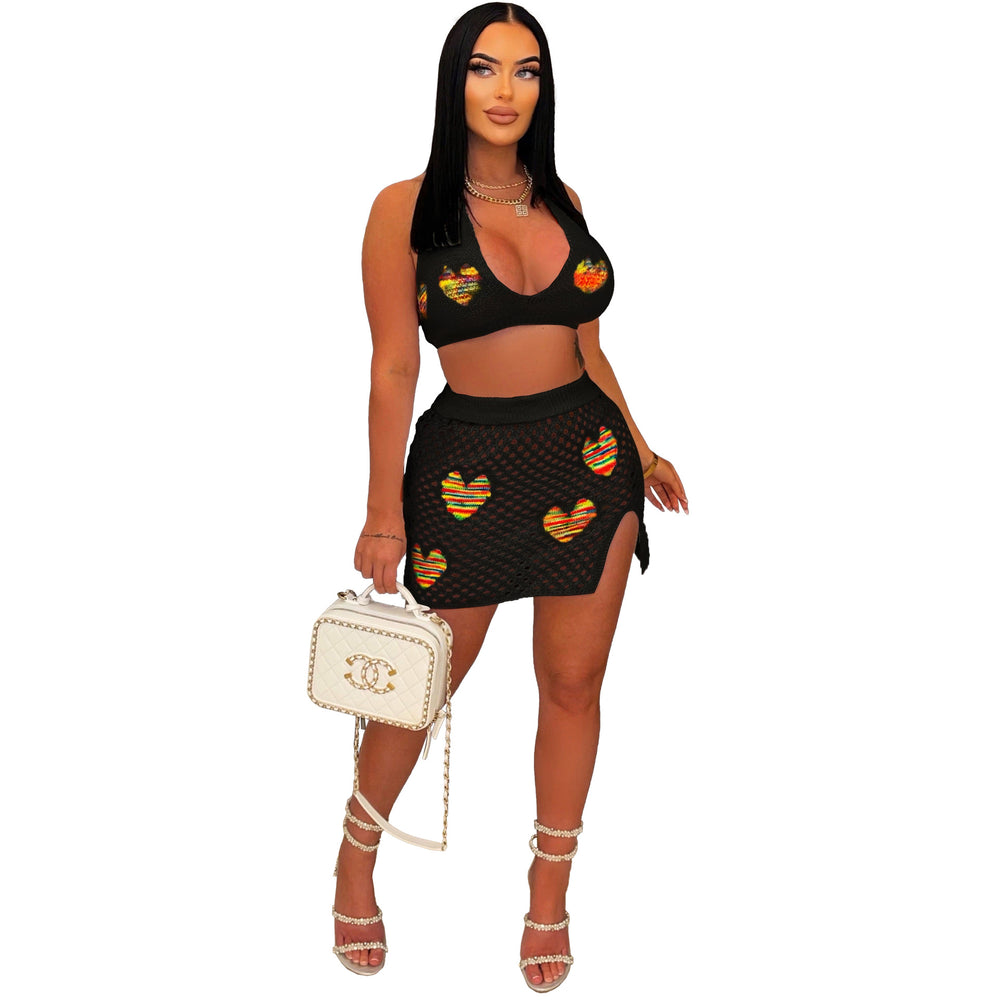 e-commerce  new european and american women's clothing sexy heart jacquard cut outknitting beach skirt fashionsuit