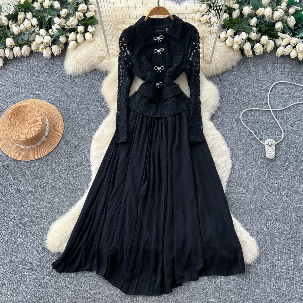 French chic high-end bowknot lace long sleeve patchwork waist pleated dress - elegant women's formal gown