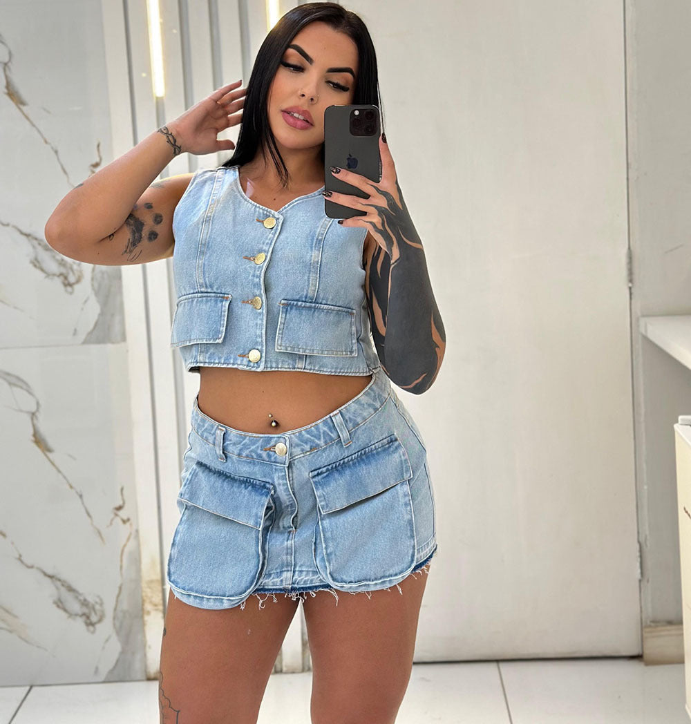 European and american style denim skirt suit  cross-border women's clothing short sleeveless vest vest raw edge flap pocket pants short skirt