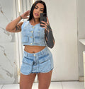 European and american style denim skirt suit  cross-border women's clothing short sleeveless vest vest raw edge flap pocket pants short skirt
