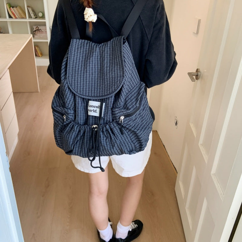 Multi-pocket plaid fashion commuter nylon student backpack - 2025 autumn korean style large capacity drawstring backpack for women