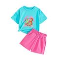 kids two-piece set lake blue mushroom printing round neck t-shirt pink shorts girl summercasualsuit