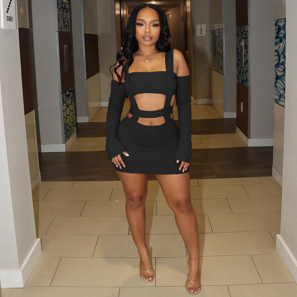 European and american cross-border women's fashion:  style sexy hollow-out cropped cami dress with attached sleeves and bodycon skirt