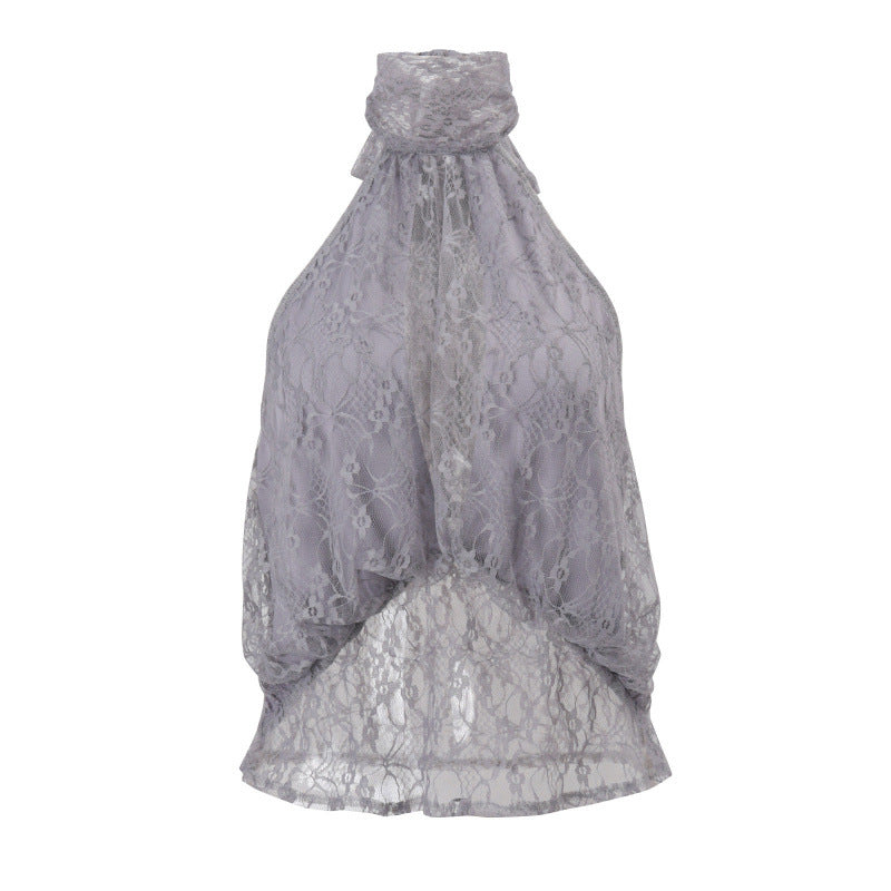 European and american style women's spring  new fashion: unique high-neck lace see-through sleeveless backless irregular top