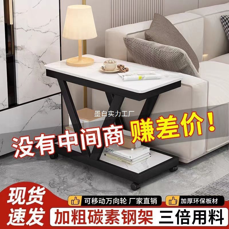 Nordic sofa side side side cabinet rock slab small coffee table with wheels side table double layer mobile small table corner bedside table
