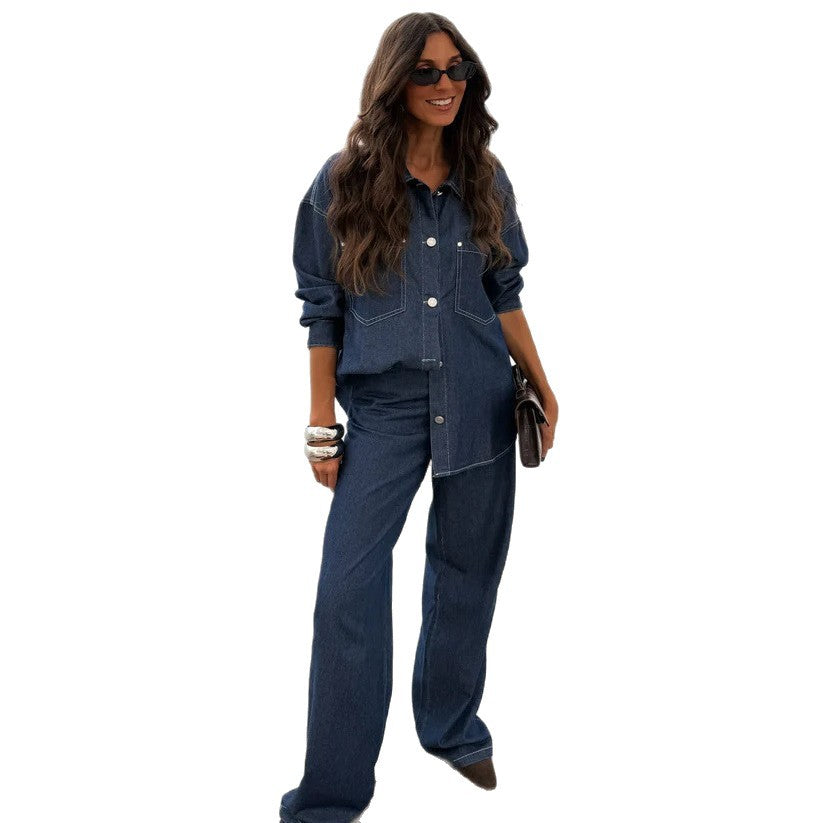 European and american cross-border  hot-selling women's clothing: unique street style fashion casual slim-fit shirt jacket denim set for women