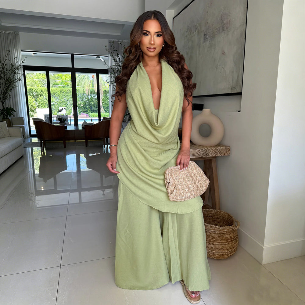 C7785 cross-border  new women's halter deep v-neck solid color loose drape wide-leg pants vacation casual set