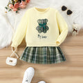 Autumn cross-border girls' sweatshirt - teddy bear, plaid, bow, crew neck, long sleeve top - kids' pullover