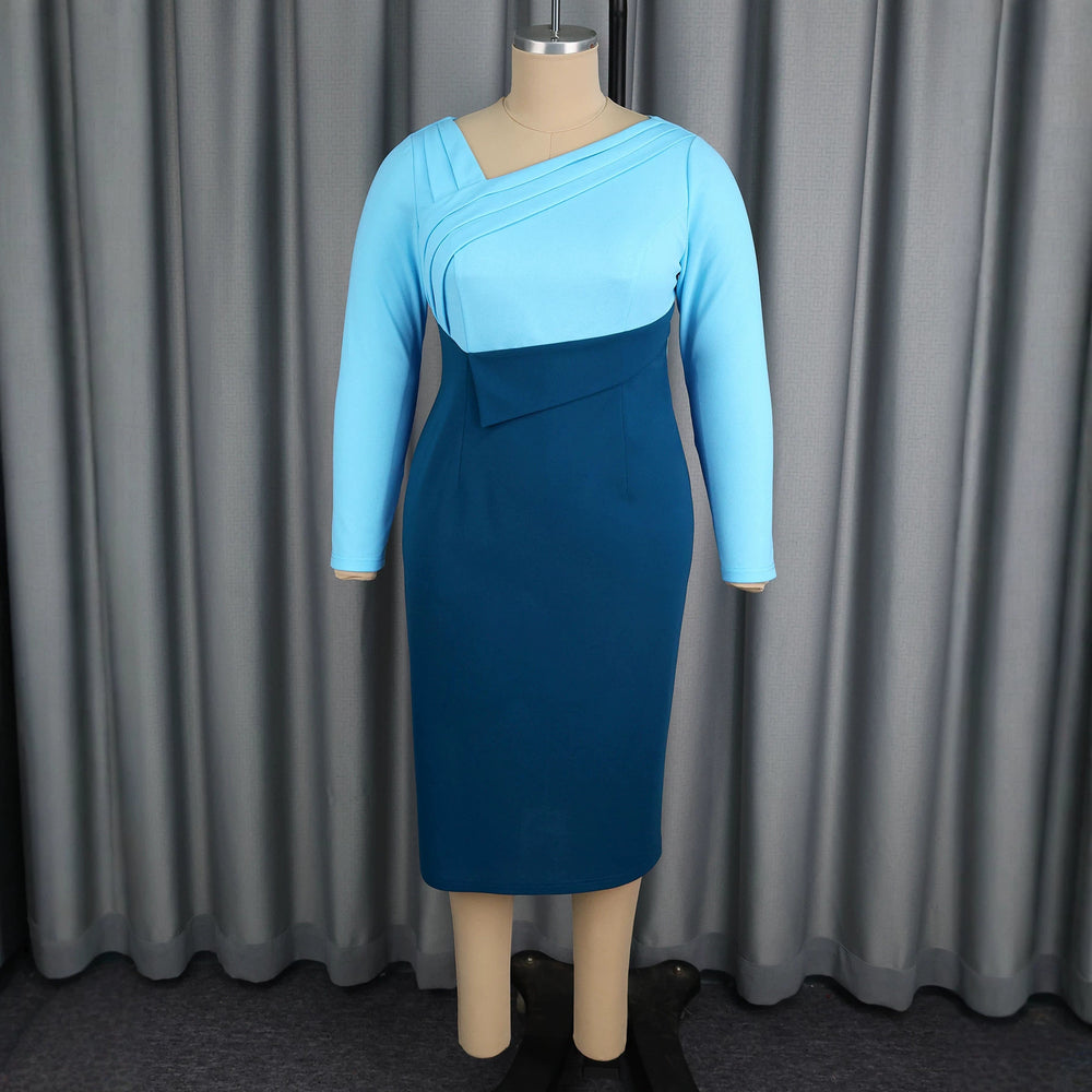 Autumn new arrival: color block v-neck long sleeve bodycon midi dress - slim fit, figure-hugging, perfect for work and commuting