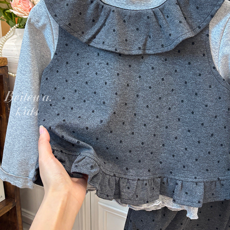 Girls' spring/autumn new korean style polka dot blue outfit - vest, three-piece set - casual, stylish, and fashionable for little girls