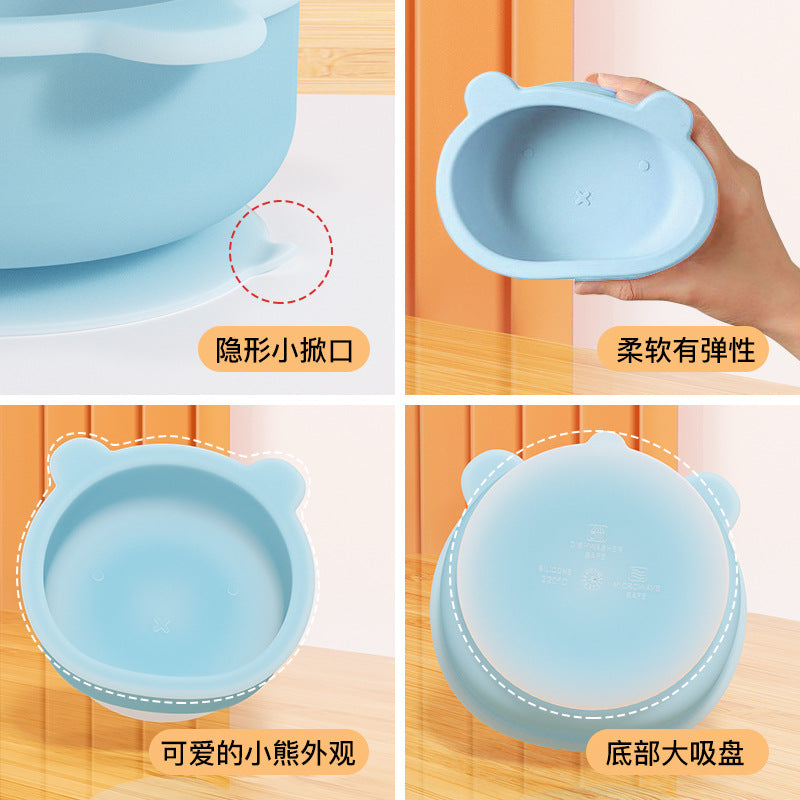 Children's complementary food bowl, dinner plate, bear integrated baby silicone bowl, baby learning to eat tableware, suction cup bowl grid