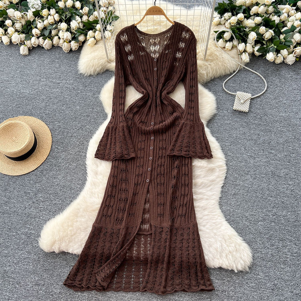 Classy sense cut out crochet bell long sleeves knittingdress female heart v neck single breasted cardigan waist long skirt