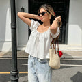 new bubble sleeve short-sleeve t-shirt for women, u-neck drawstring design, unique korean style casual versatile top