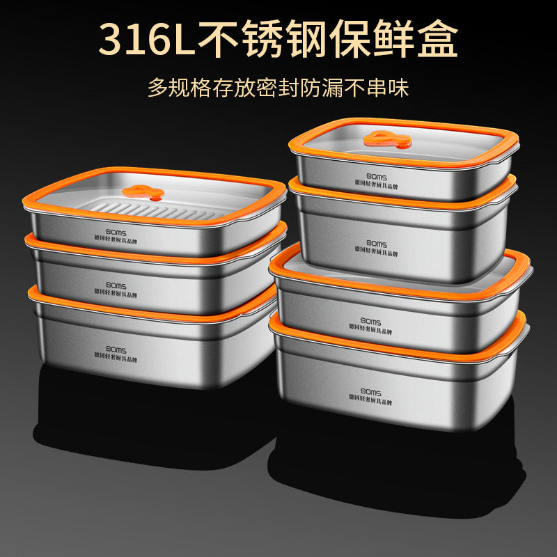 316 stainless steel large capacity glass cover lunch box kitchen sealed storage box household food grade refrigerator fresh-keeping box