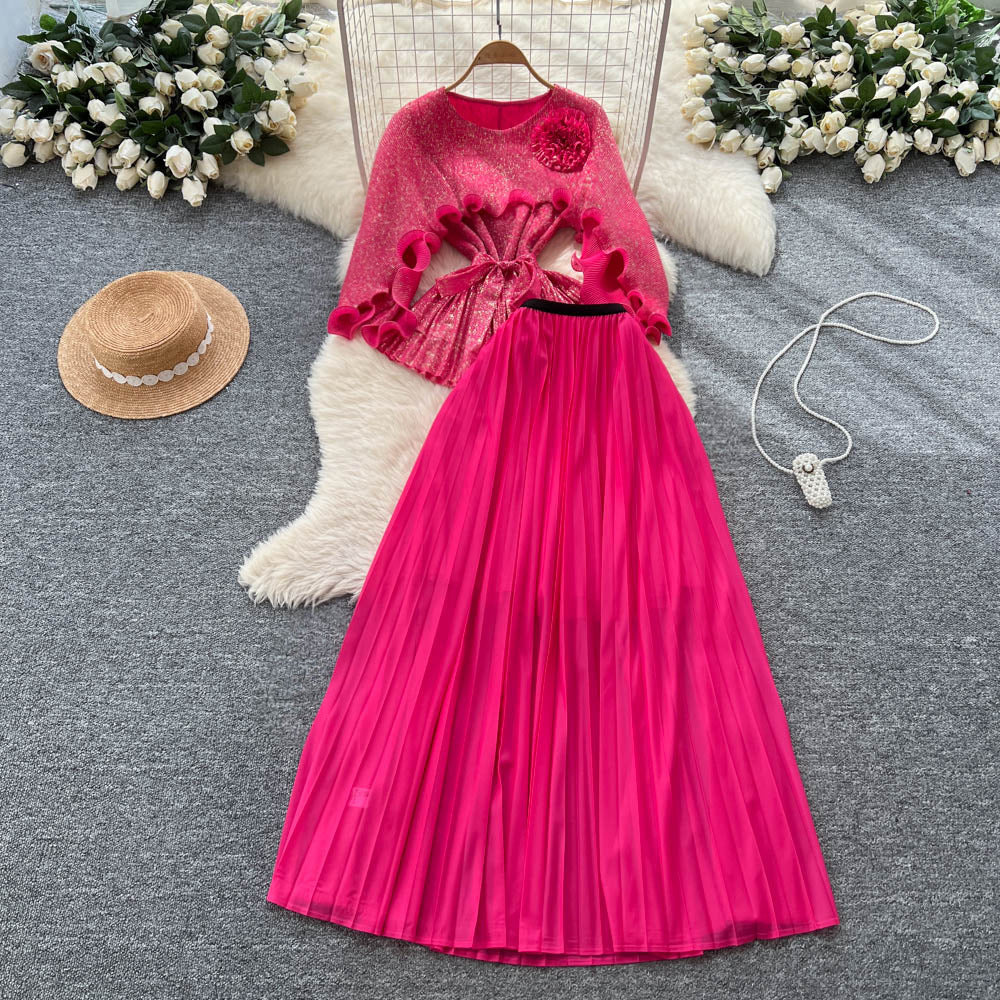 Sense of design stereo flower fungus edge patchworklong sleeves waist tops women's high waist pleated skirt miyake suit