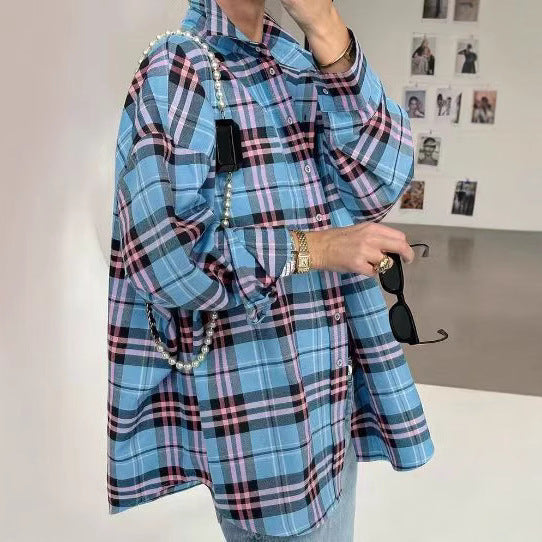 cross-border vintage style versatile turn-down collar loose fit shirt - spring/autumn plaid long sleeve pocket women's blouse