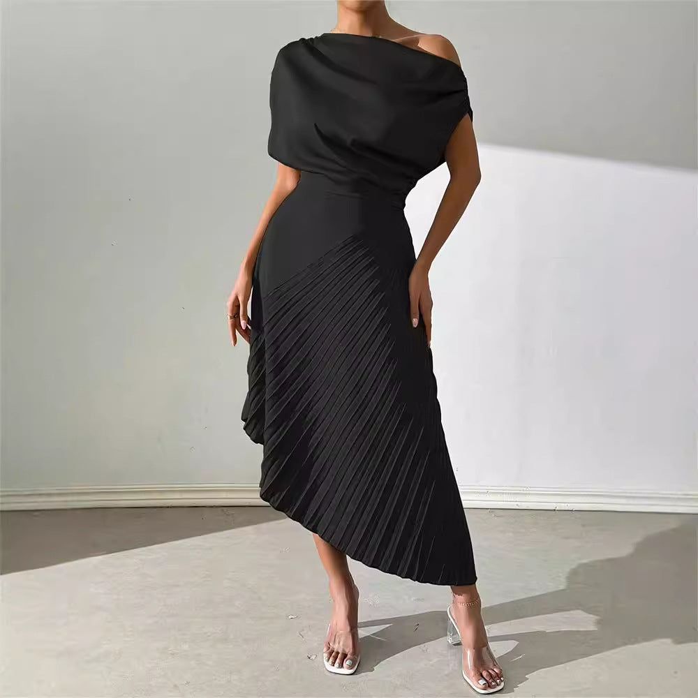 Amazon fashion summer new arrivalelegance oblique shoulder one-line collar pleated hip covering sense of design asymmetricaldress women