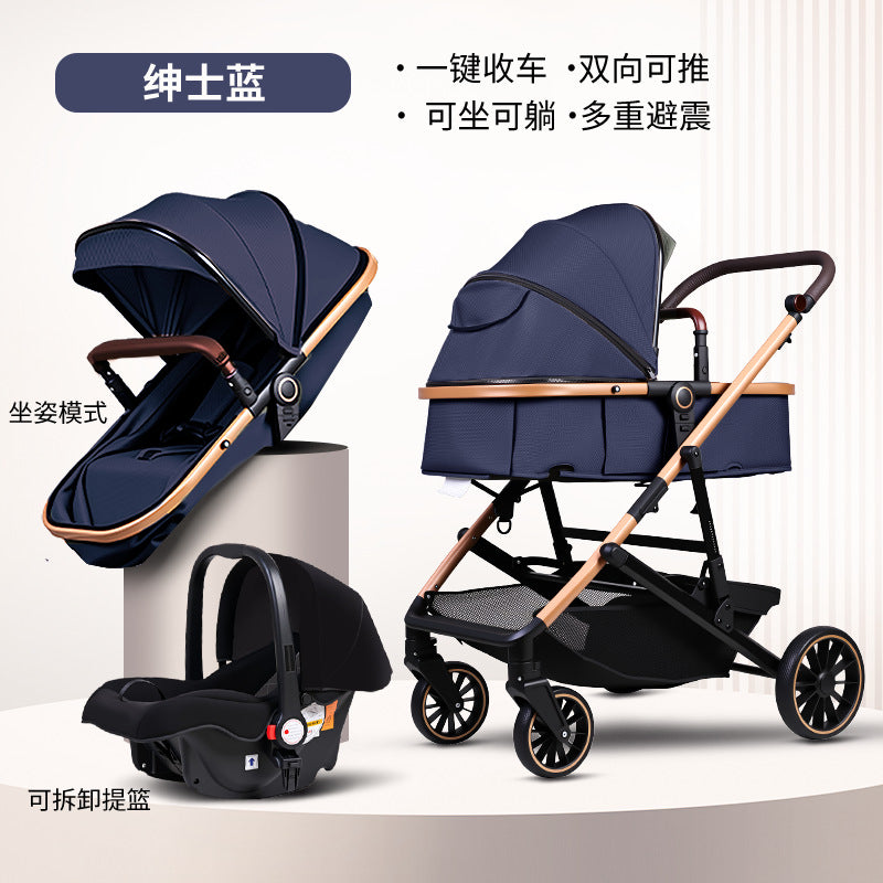 Three-in-one, two-way, convertible stroller – lightweight, with a reclining seat, one-button folding, four-wheel suspension, and shock absorption
