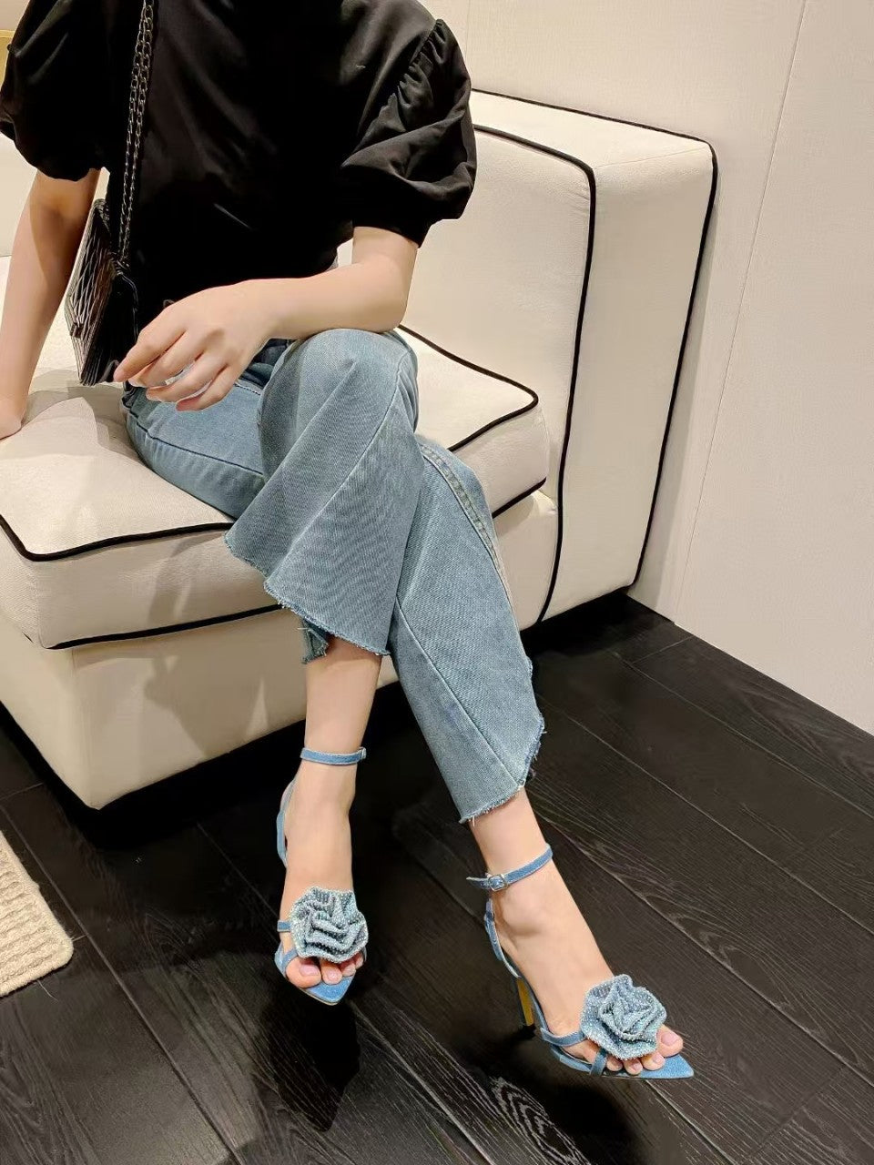 European and american new one-strap rhinestone rose flower high heel sandals, french sexy pointed toe stiletto heel women's shoes
